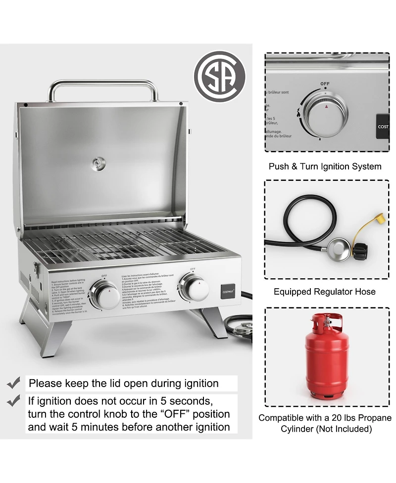 Stainless Steel Propane Grill with Lid for Outdoor Camping Tailgating Picnic Party-Silver