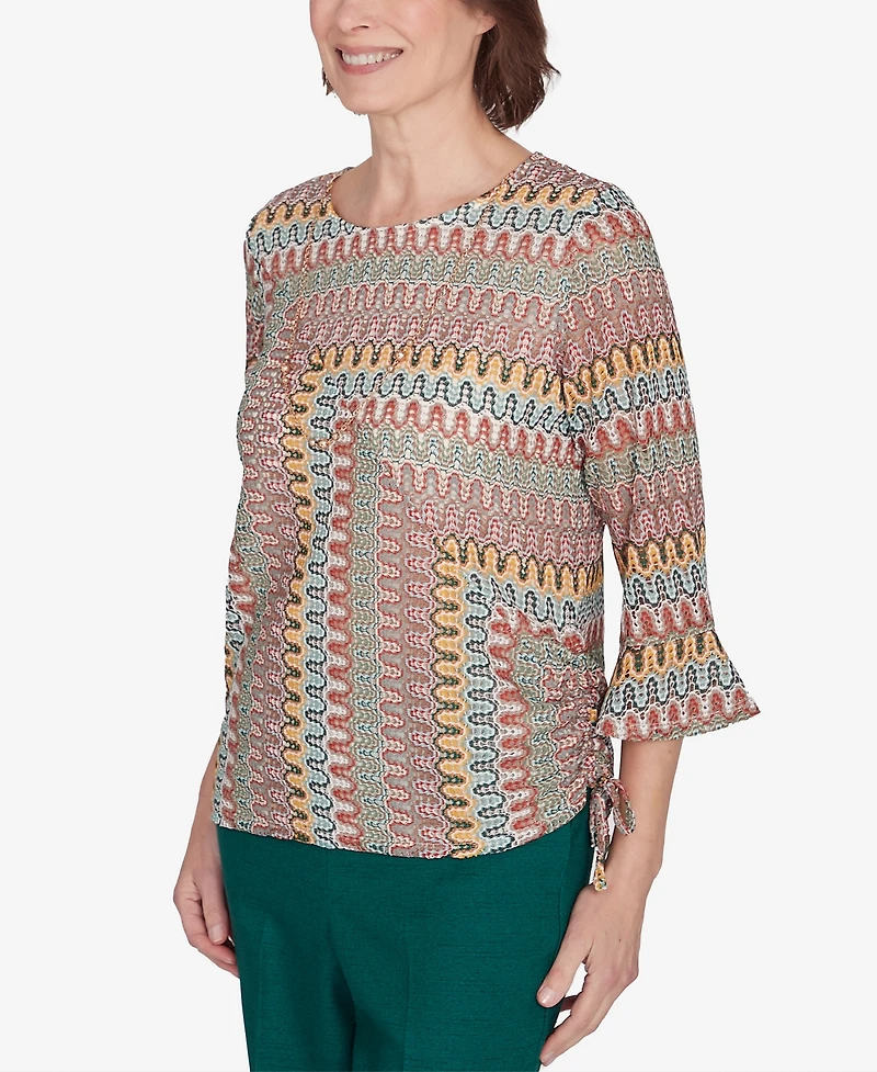 Alfred Dunner Petite Emerald Isle Spliced Texture Top with A Drawstring Hemline