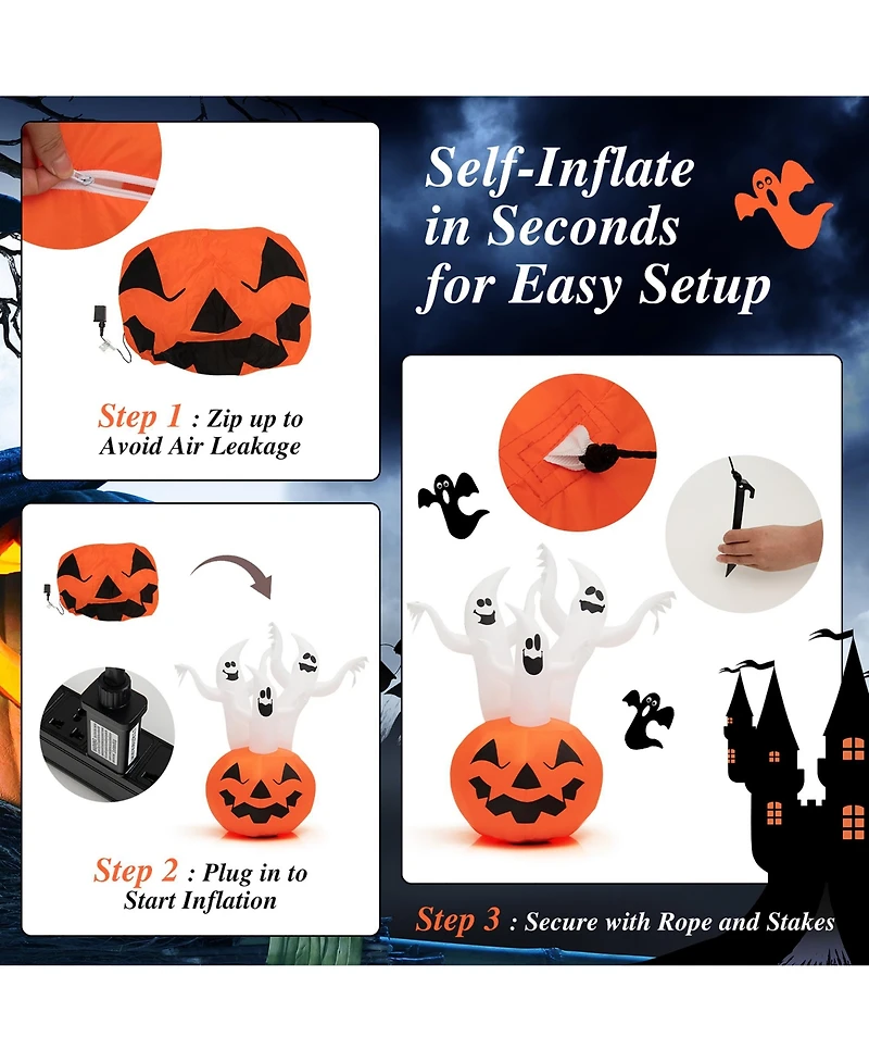 Costway 6 Ft Inflatable Halloween Tree White Ghosts with Pumpkin Decor w/ Rotating Lamp
