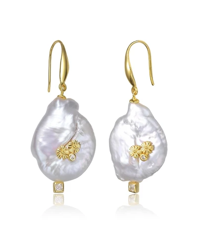 Sterling Silver Gold Plated with Genuine Freshwater Pearl Hook Earrings