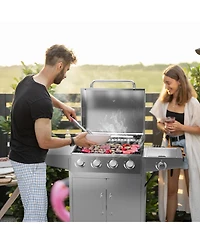 Skonyon 50000BTU 5-Burner Propane Gas Grill with Side Burner and 2 Prep Tables-Silver