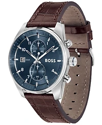 Hugo Boss Men's Sky Traveler Quartz Fashion Chrono Brown Croc Leather Watch 44mm