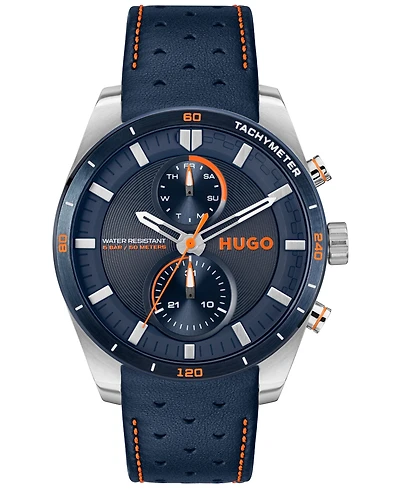 Hugo Boss Men's Fast Quartz Multifunction Blue Leather Watch 44mm