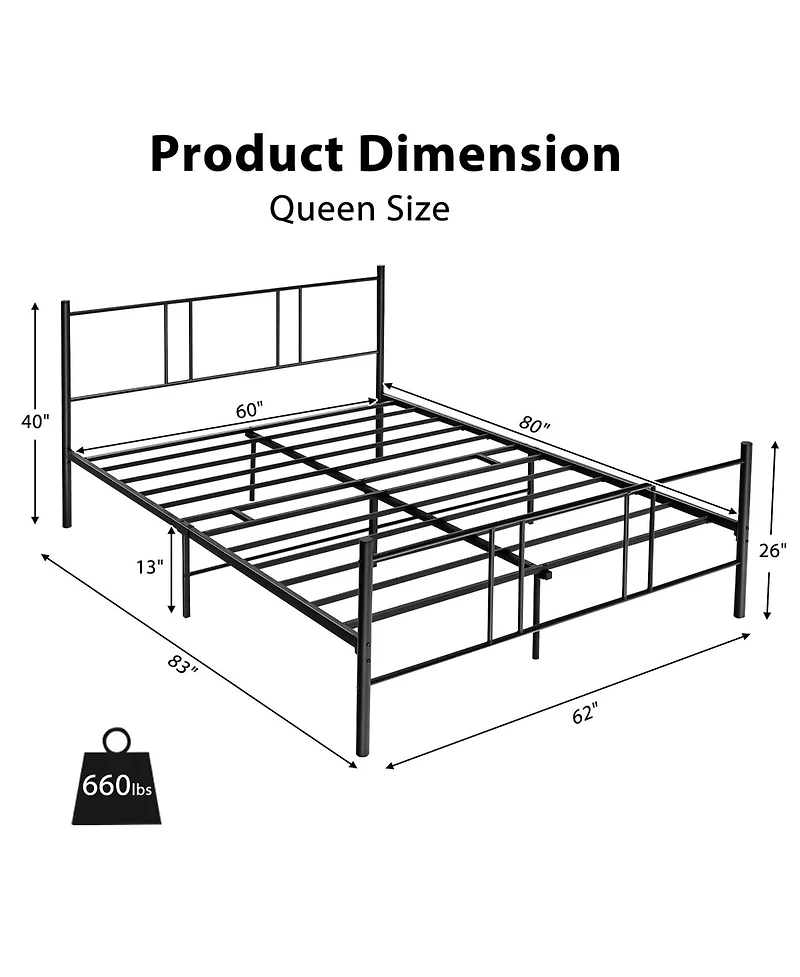 Gymax Queen Size Steel Platform Bed Frame Headboard Heavy-Duty Mattress Foundation