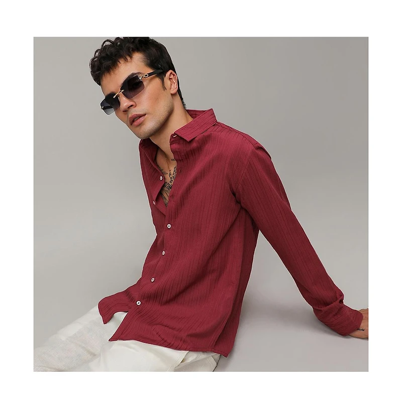 Men's Blush Red Self-Design Striped Shirt