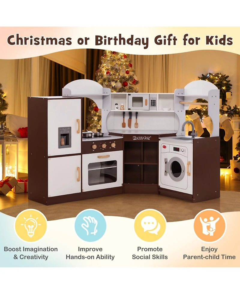 Costway Corner Play Kitchen with Ice Maker Microwave Oven for Kids 3+ Years Old Wooden Toy