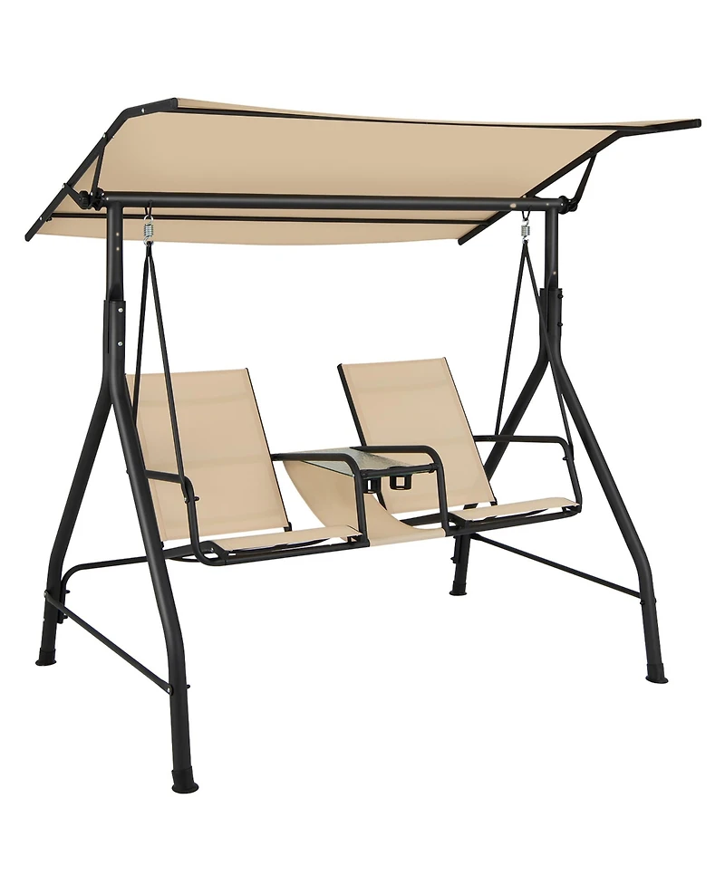 Costway 2-Seat Outdoor Patio Swing Adjustable Canopy Tempered Glass Table Top Cup Holder Beige