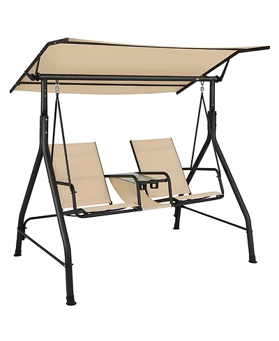 Costway 2-Seat Outdoor Patio Swing Adjustable Canopy Tempered Glass Table Top Cup Holder Beige
