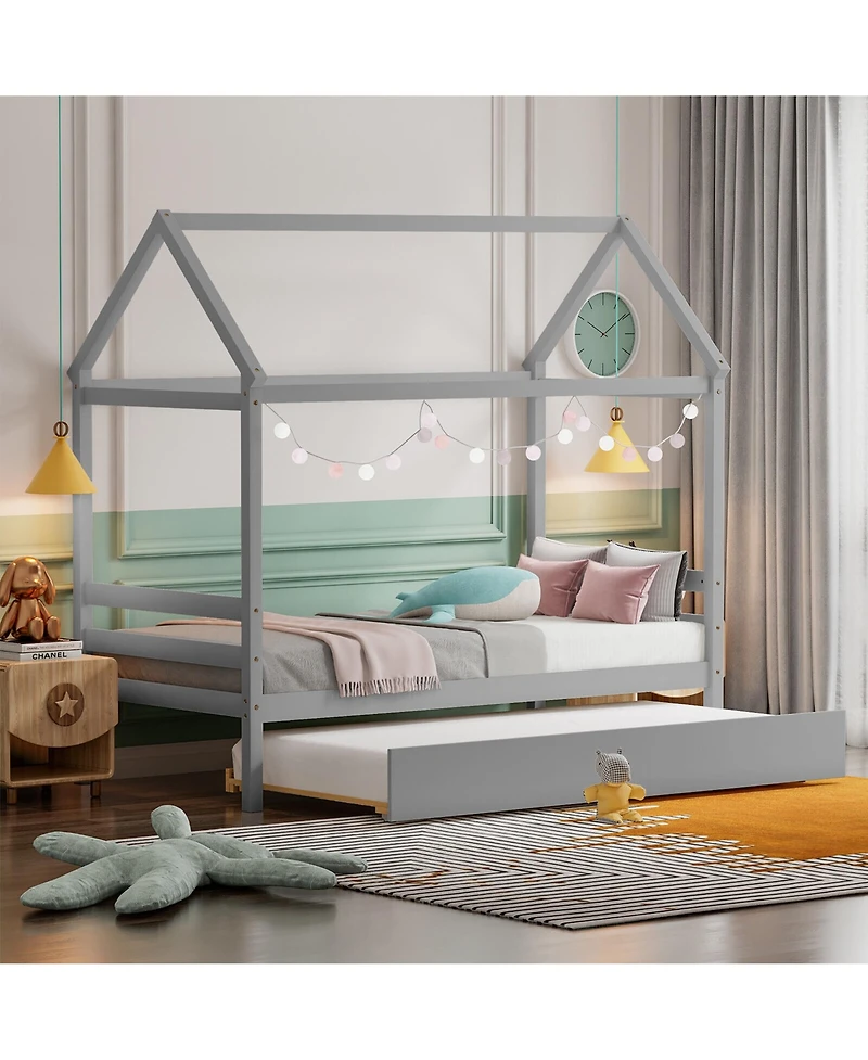 Gymax Twin House Bed Frame w/ Trundle Roof Wooden Platform Mattress Foundation Grey
