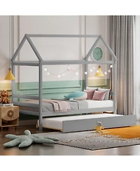 Gymax Twin House Bed Frame w/ Trundle Roof Wooden Platform Mattress Foundation Grey