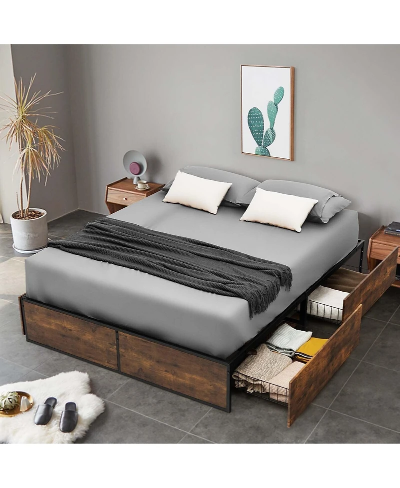 Gymax Full Industrial Metal Platform Bed Frame with 4 Drawers Wooden Footboard