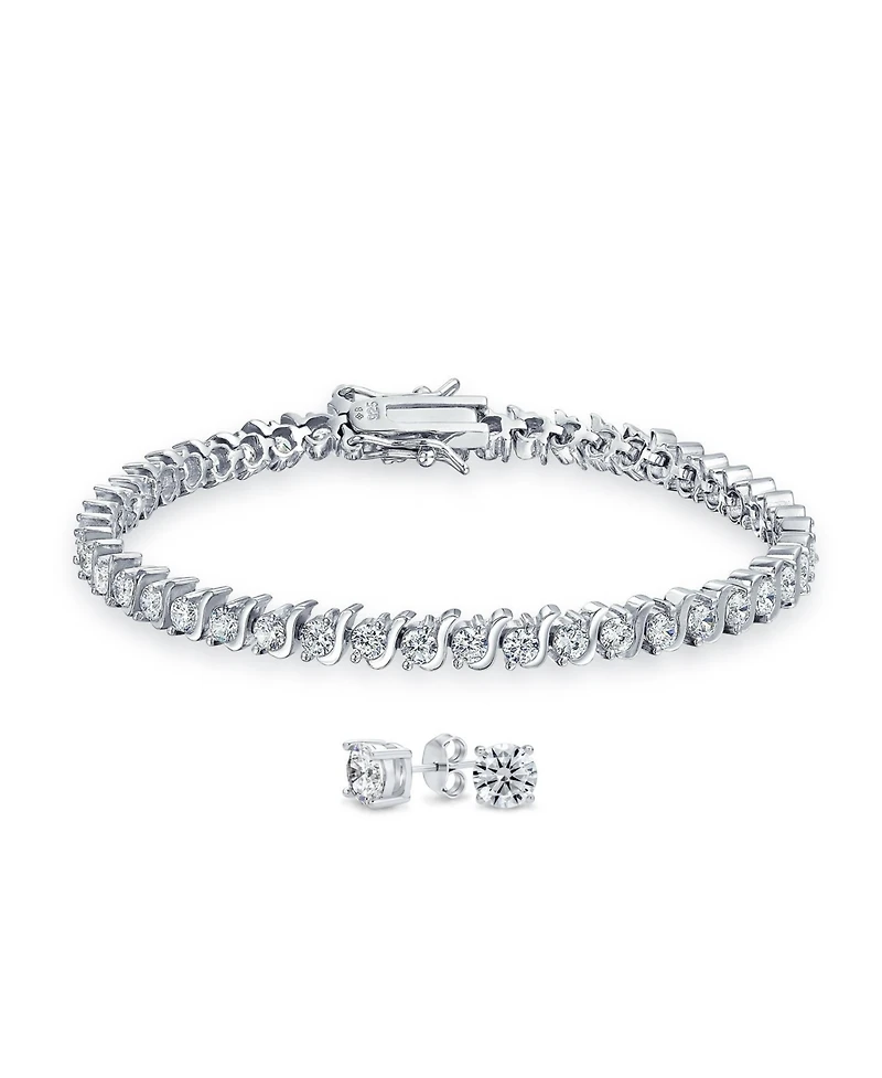 Bling Jewelry Jewelry Set 15CTW Cz Round Solitaire Swirl S Wave Link Tennis Bracelet Stud Earrings For Women Sterling Silver Rhodium