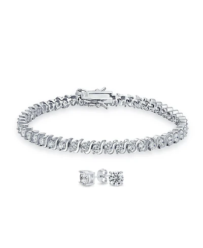 Bling Jewelry Jewelry Set 15CTW Cz Round Solitaire Swirl S Wave Link Tennis Bracelet Stud Earrings For Women Sterling Silver Rhodium