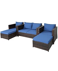 5PCS Patio Rattan Furniture Set Loveseat Sofa Ottoman Cushioned