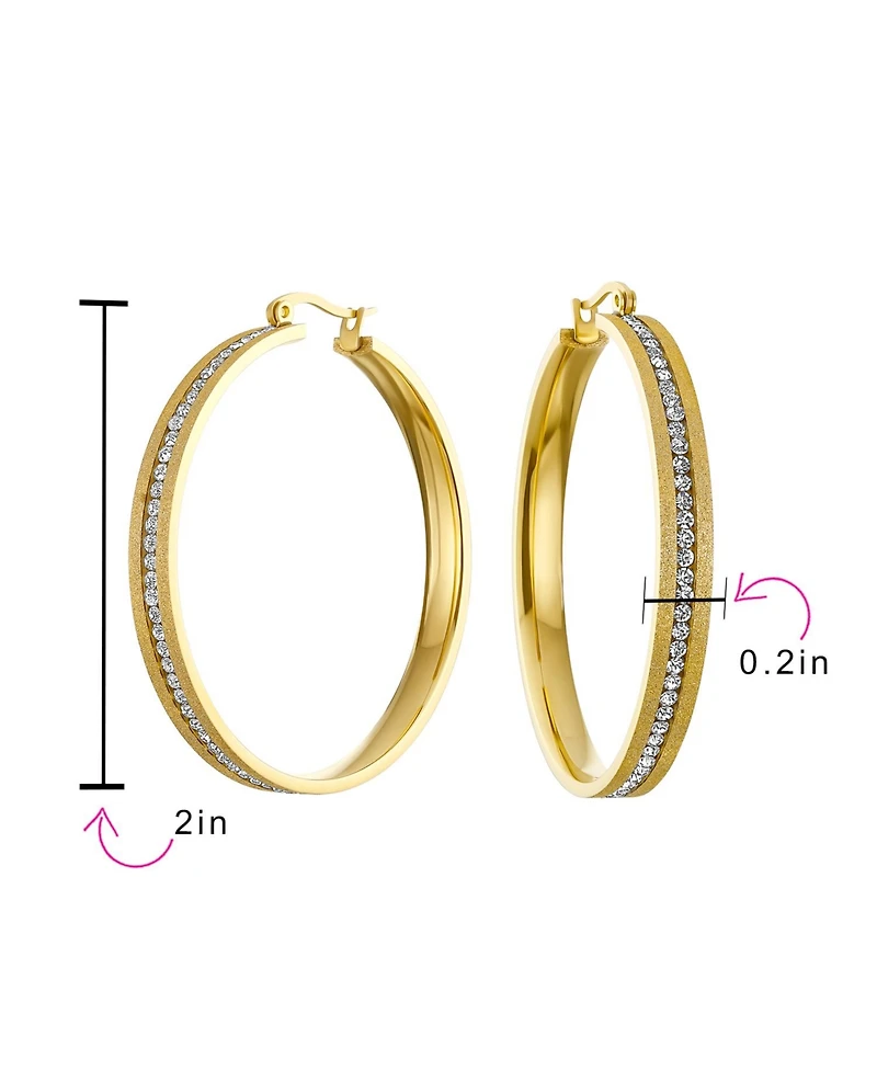 Bling Jewelry Round Channel Set Cz Large Hoop Earrings Stardust Brush Matte Finish Channel Set Cz Gold Plated Stainless Steel 2 In Diameter