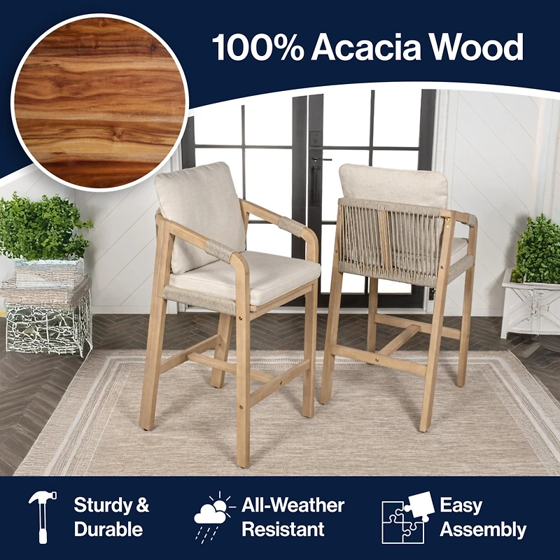 Jonathan Y Porto Modern Coastal Tub Roped Acacia Wood Outdoor Bar Stool with Cushions and Armrests (Set of 2)