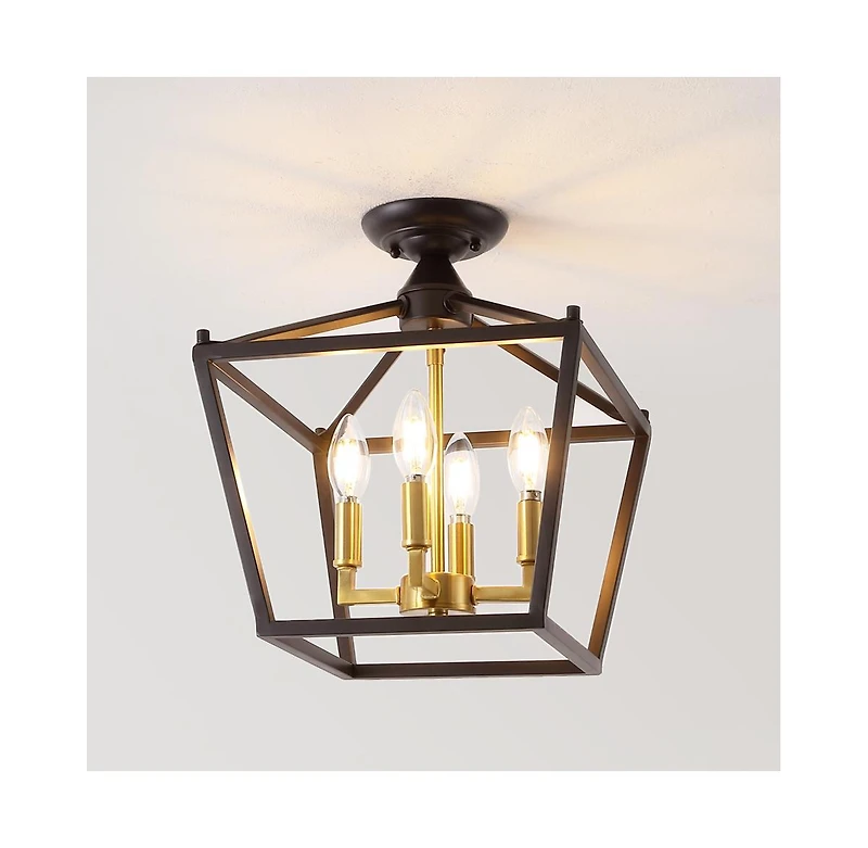 Jonathan Y Plains Mini Lantern 12" 4-Light Iron Modern Farmhouse Led Flush Mount, Nickel