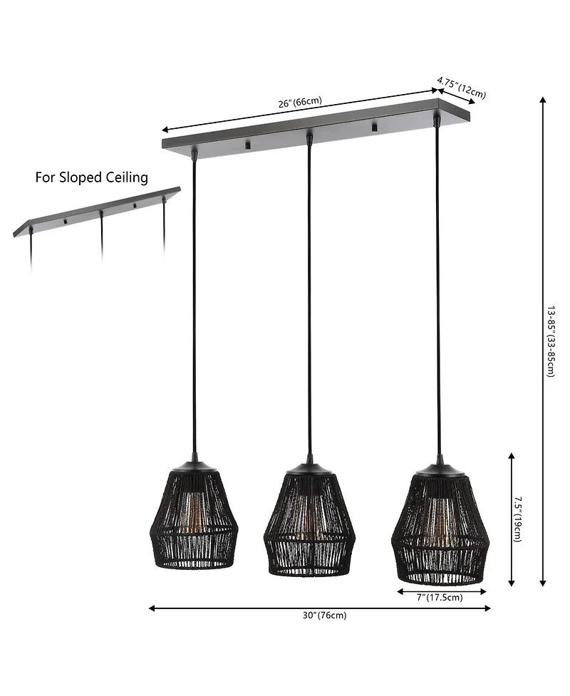 Jonathan Y Ibiza Island 30" 3-Light Woven Rope/Metal Bohemian Coastal Led Linear Pendant, Black