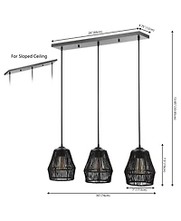 Jonathan Y Ibiza Island 30" 3-Light Woven Rope/Metal Bohemian Coastal Led Linear Pendant, Black