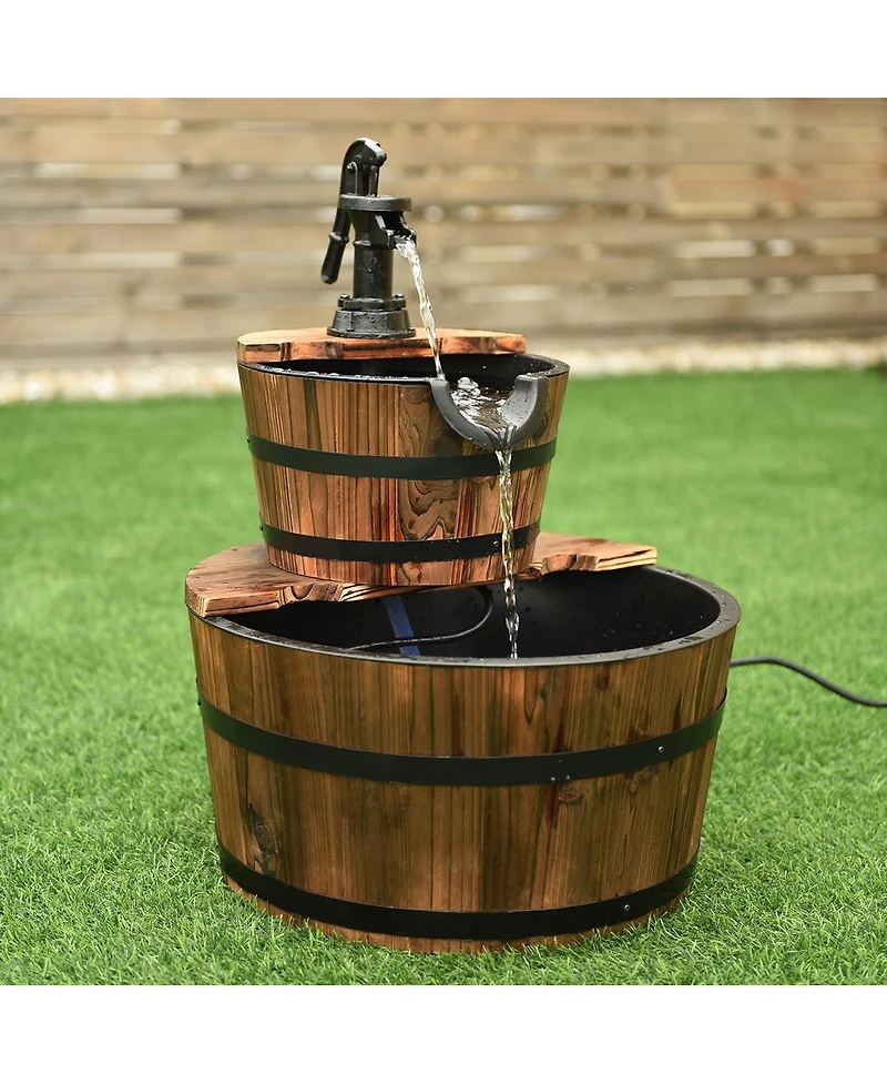Skonyon 2-Tiers Outdoor Wooden Barrel Waterfall Fountain with Pump