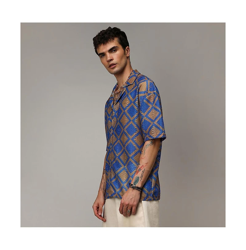 Campus Sutra Men's Royal Blue & Mocha Brown Geometric Block Oversized Shirt