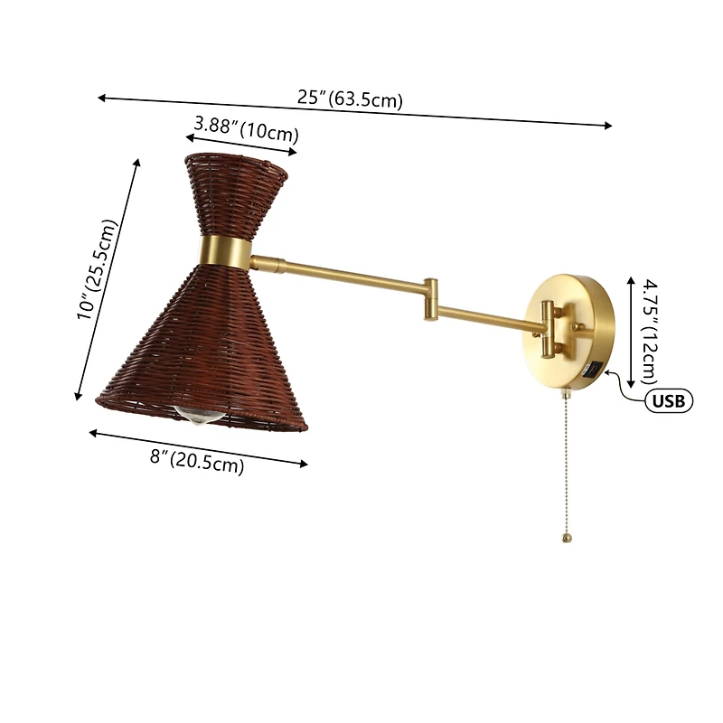 Jonathan Y Lily 25" 1-Light Mid-Century Vintage Retro Rattan/Metal Usb Charging Swing Arm Led Sconce with Pull Chain, Light Brown/Brass Gold