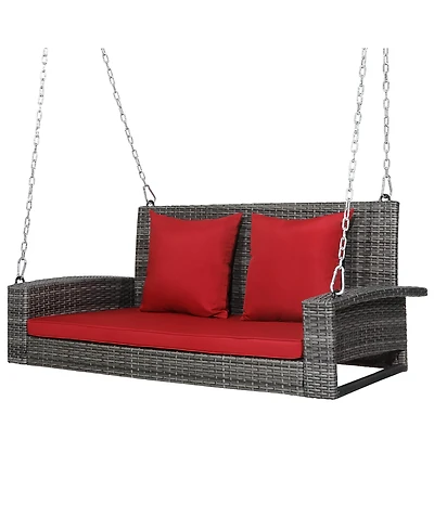 2-Person Patio Pe Wicker Hanging Porch Swing Bench Chair Cushion 800lbs