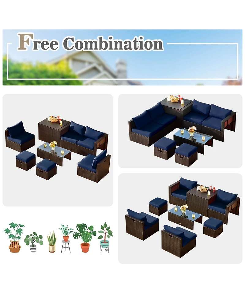 8 Pcs Outdoor Wicker Furniture Set with Storage Box Tempered Glass Table 2 Ottomans