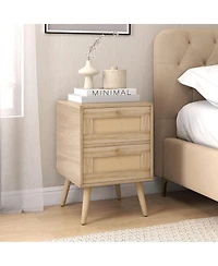 Sugift Rattan Nightstand Boho Accent Bedside Table with 2 Storage Drawers