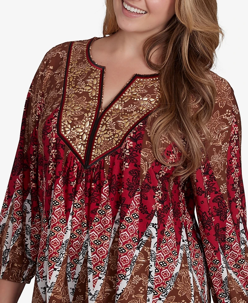 Ruby Rd. Plus Size Embellished Placket Decorative Border Print Knit Top