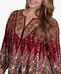 Ruby Rd. Plus Size Embellished Placket Decorative Border Print Knit Top
