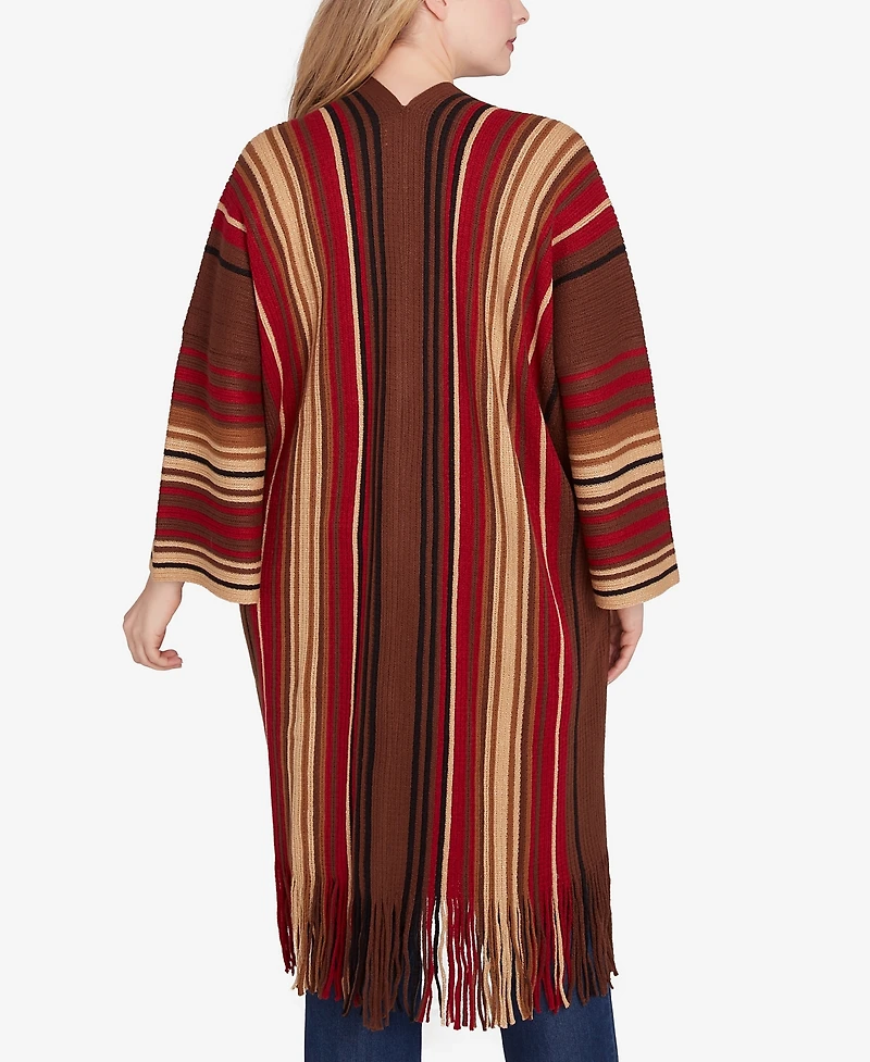 Ruby Rd. Plus Size Open Front Multi Stripe Cardigan Duster with Fringe