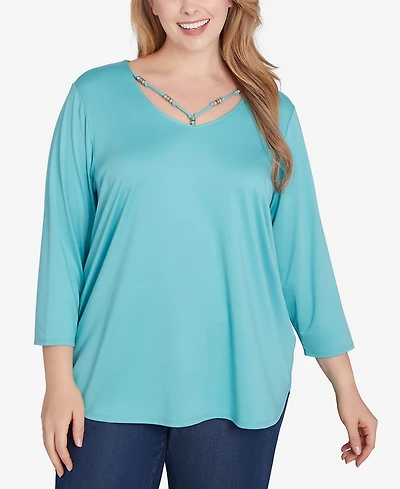 Ruby Rd. Plus Size V-Neck Solid Knit Top with Bead Detail