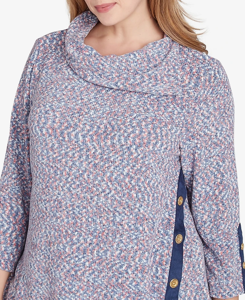 Ruby Rd. Plus Size Split Cowl Neck Speckled Chenille Asymmetric Knit Top