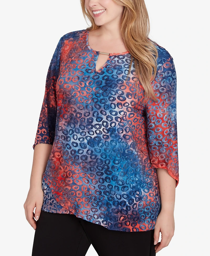 Ruby Rd. Plus Size Scoop Neck with Bar Detail Tie Dyed Spots Jacquard Knit Top