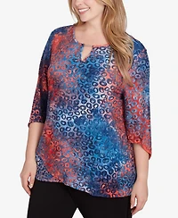 Ruby Rd. Plus Size Scoop Neck with Bar Detail Tie Dyed Spots Jacquard Knit Top