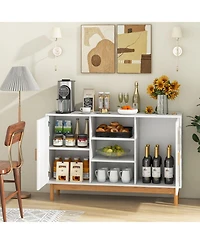 48 Inch Sideboard Buffet Cabinet Floor Storage Cabinet with 2 Bamboo Woven Doors-White