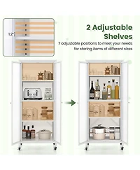 Sugift Glass Doors Storage Cabinet with Wheels and Adjustable Shelves