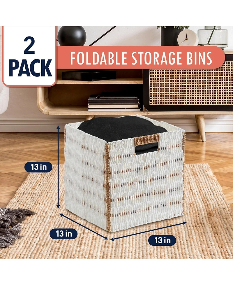 Ornavo Home Collapsible Paper Wicker 13 Inch Square Storage Cube Bin Basket - 2 Pack