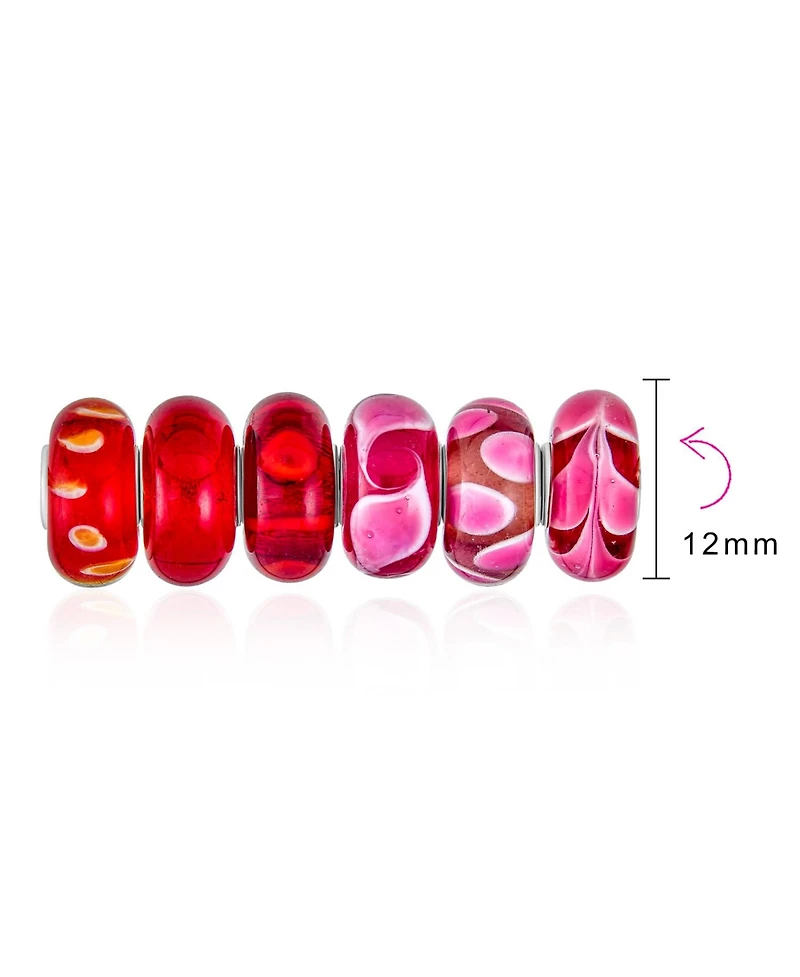Bling Jewelry Mixed 6 Set Of Bundle Sterling Silver Core Translucent Shades Of Red Pink Murano Glass Swirl Flower Charm Bead Spacer Fits European Brac