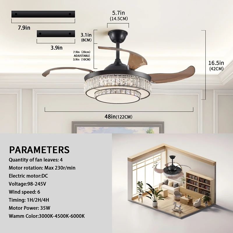 Contemporary Led Retractable Ceiling Fan with Remote Control