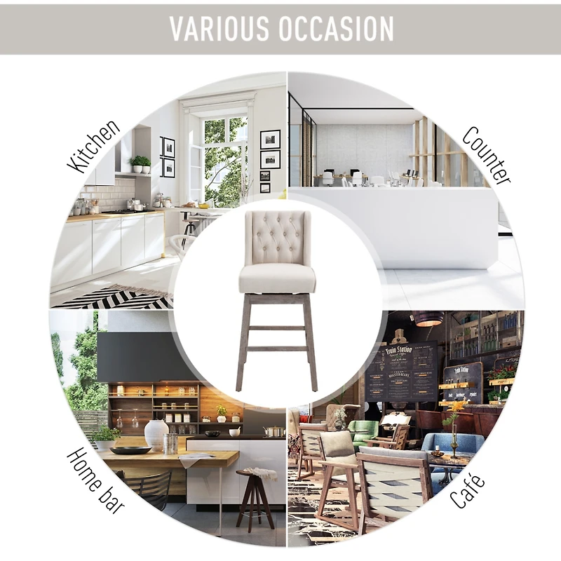 2-Pack Beige 30" Barstools with Button Tufted Design