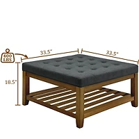 Streamdale Linen-Tufted Coffee Table Ottoman with Beechwood Shelf and Frame