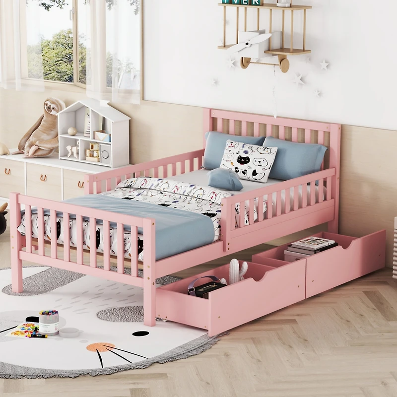 Streamdale Twin Wood Platform Bed with Guardrails and Storage