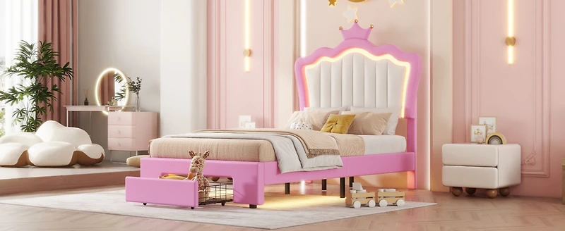 Streamdale Twin Upholstered Bed with Crown Headboard and Led Lights