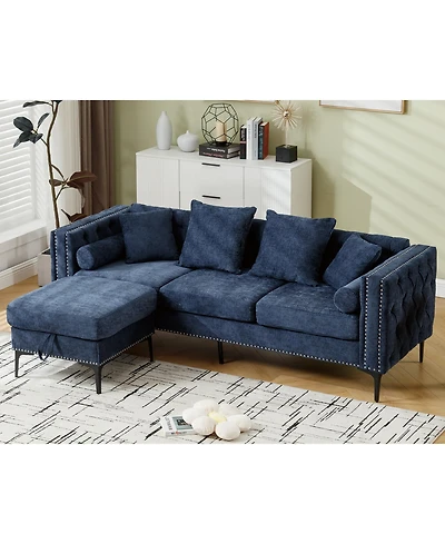 Streamdale Furniture Blue Chenille L-Sectional Sofa with Storage Ottoman
