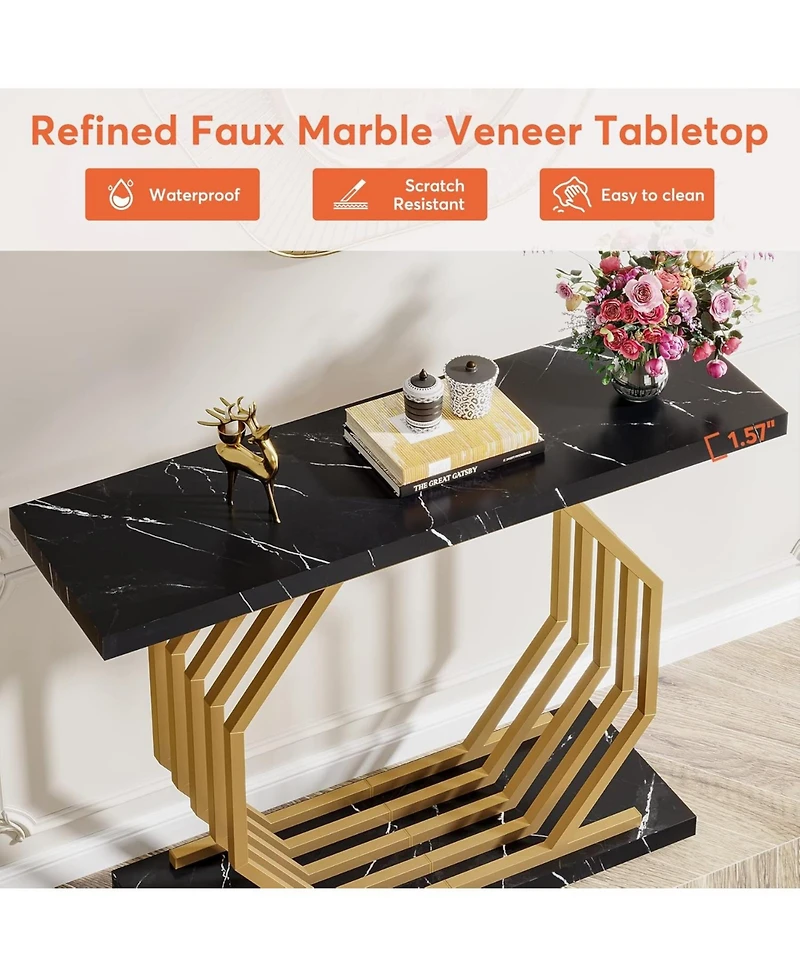 Tribesigns Gold Console Table, Faux Marble Entryway Narrow Sofa Table with Geometric Metal Base, 40 Inch Modern Accent Entrance