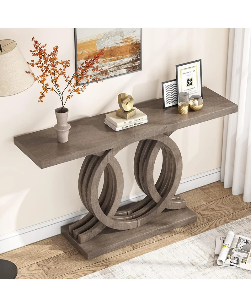 Tribesigns 55 inches Console Table with Geometric Base, Farmhouse Hallway Table, Wooden Entryway Vintage Sofa Unique Long Accent