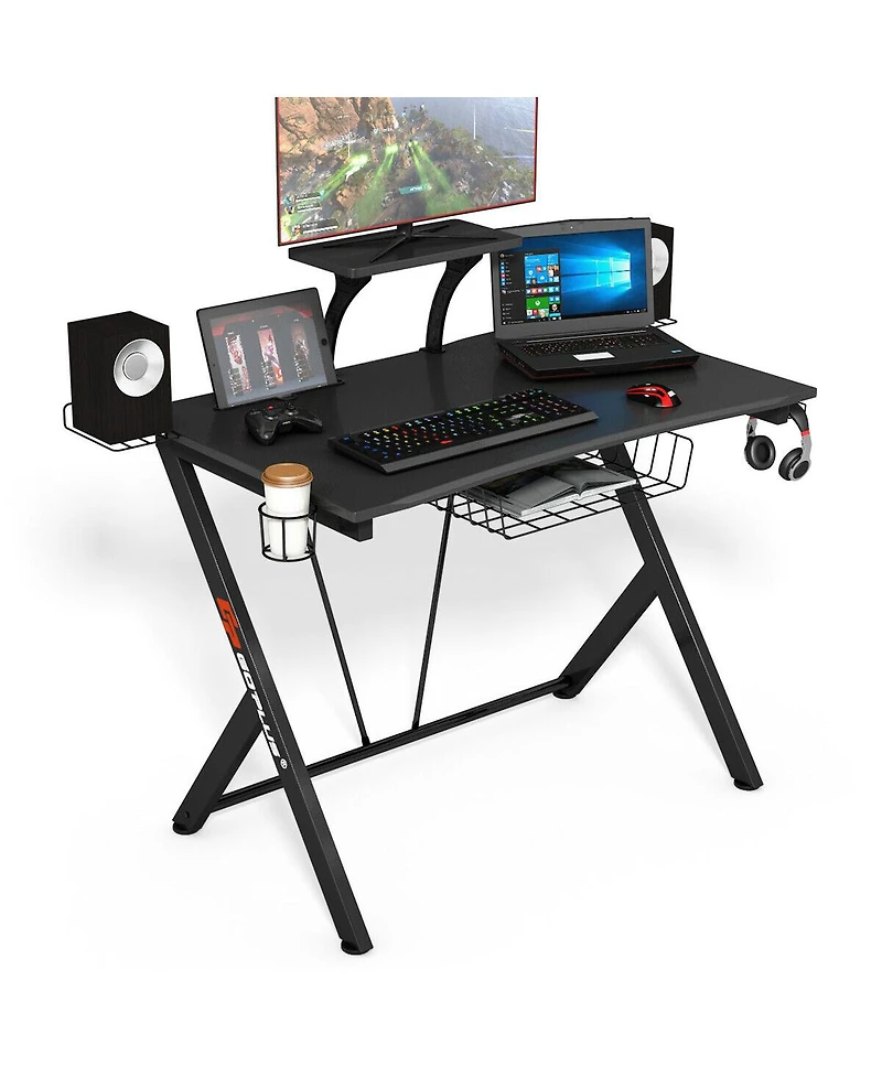 Sugift Multifunctional E-Sport Gaming Desk with Headset Hook and Cup Holder