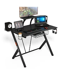Sugift Multifunctional E-Sport Gaming Desk with Headset Hook and Cup Holder
